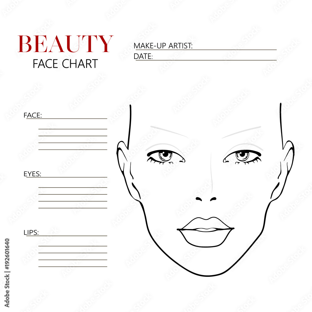 Stock-Vektorgrafik „Beauty Face Chart. Beautiful Woman With Open for Eyes Makeup Chart Printables