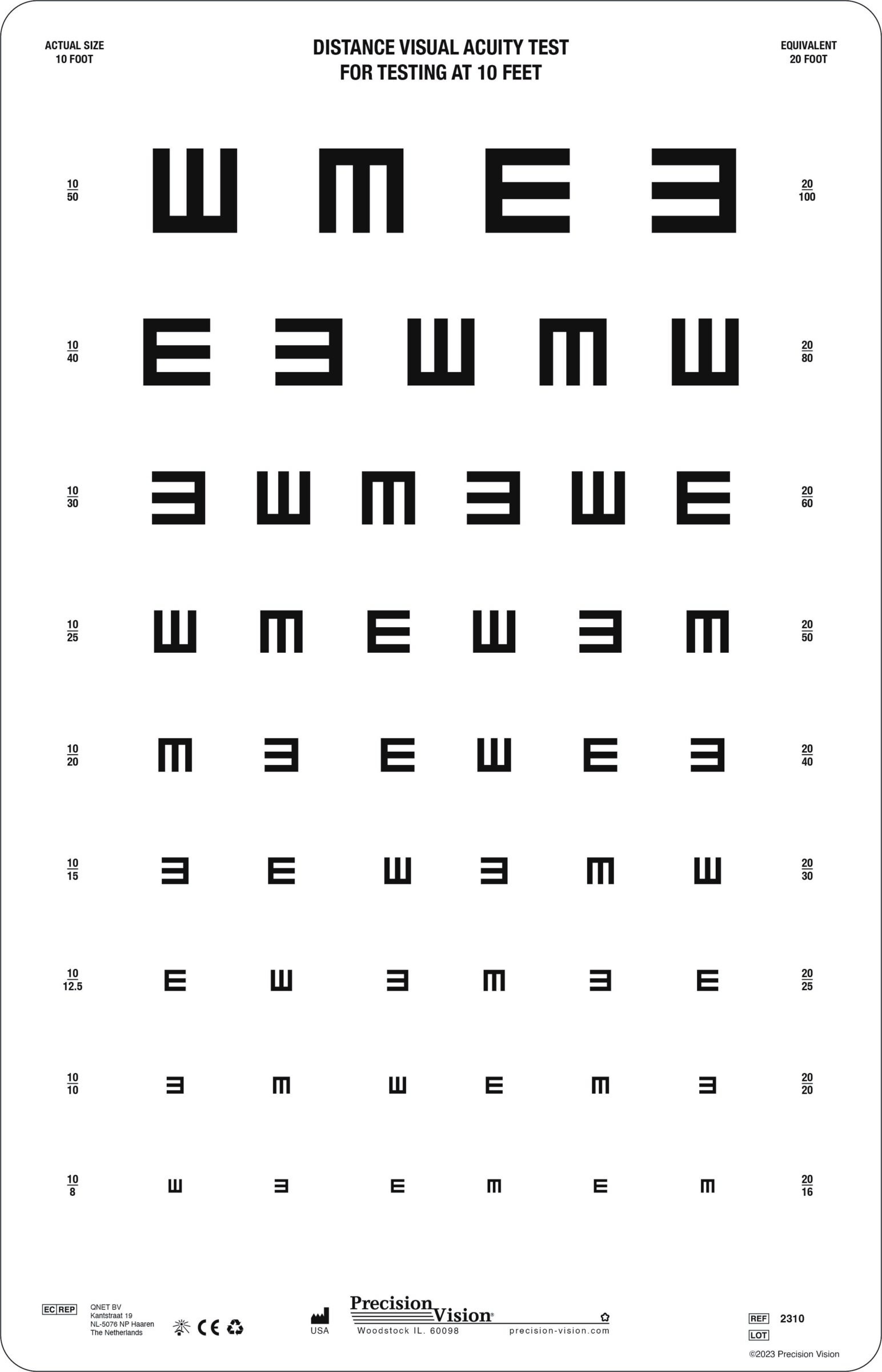 Traditional Tumbling &amp;quot;E&amp;quot; Visual Acuity Chart - Precision Vision with Printable Eye Acuity Chart
